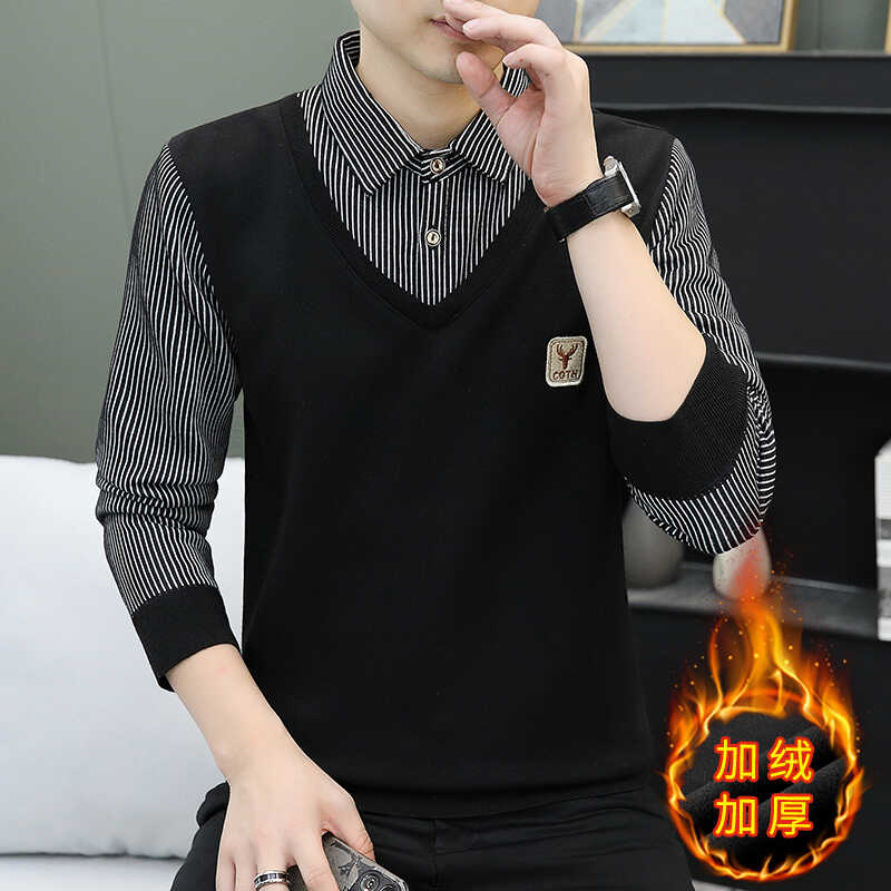 Kişilər üçün iki hissəli, flis astarlı isti köynək yaxalıqlı toxunma sviter, dəbli gündəlik əsas qatlı yun sviter