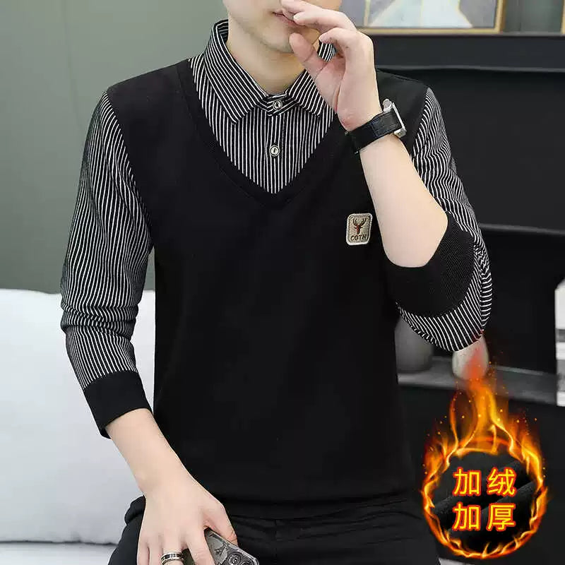 Kişilər üçün iki hissəli, flis astarlı isti köynək yaxalıqlı toxunma sviter, dəbli gündəlik əsas qatlı yun sviter