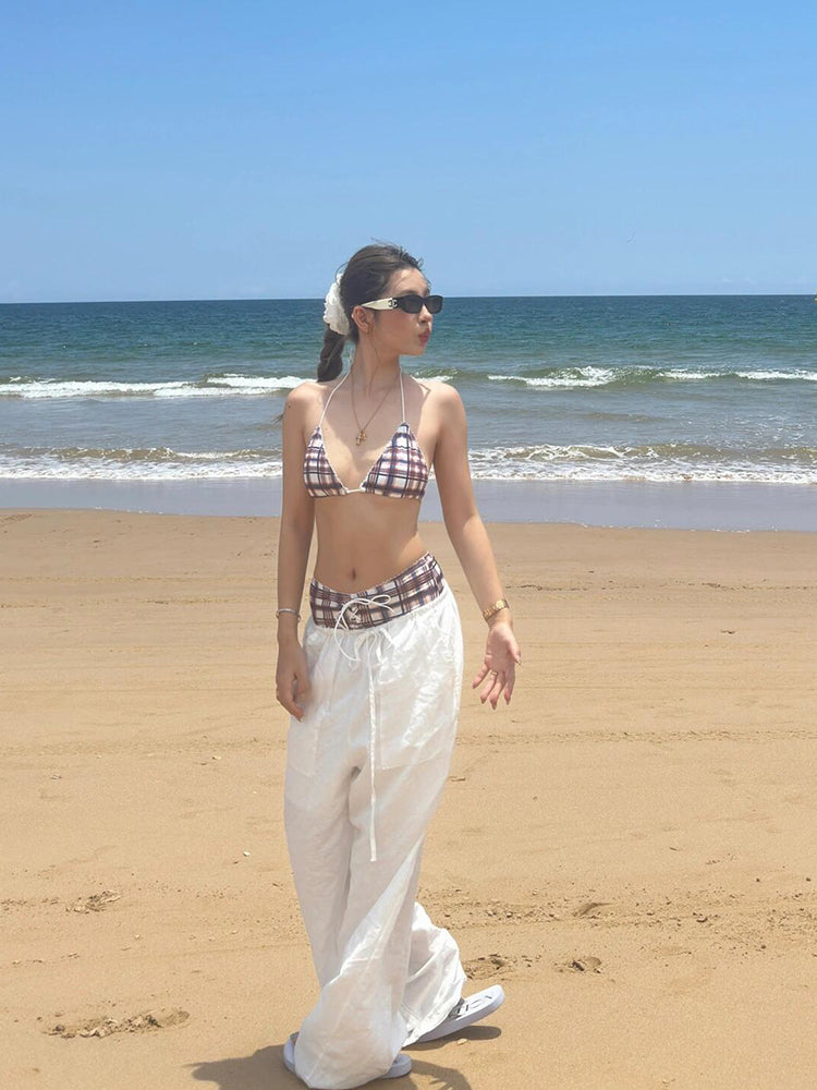 Jennie'nin eyni nişli yüksək səviyyəli retro plaid hottie split bikini seksual kiçik döşlü spa çimərlik paltarı