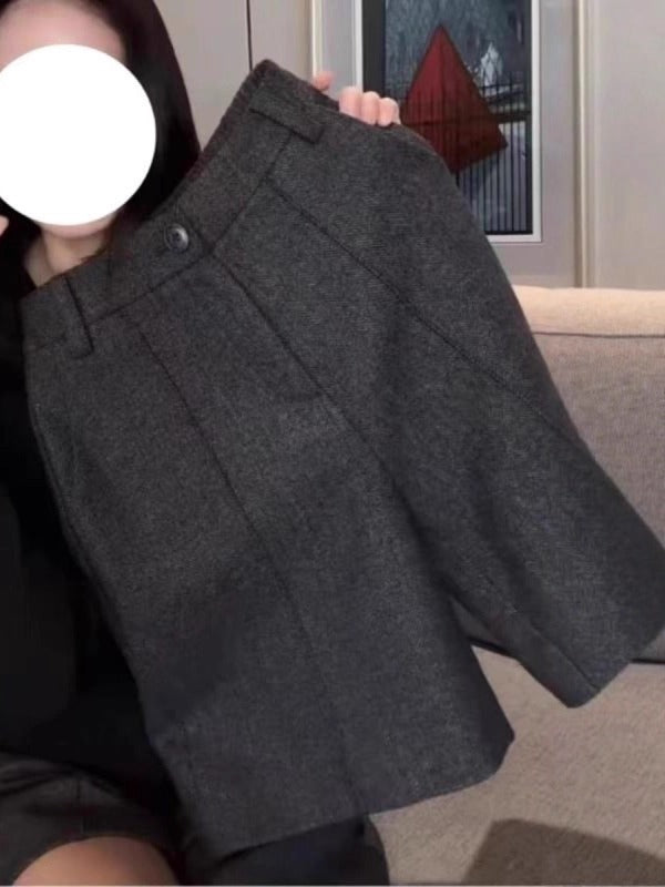 Qadınlar üçün yüksək keyfiyyətli boz rəngli arıqlama gündəlik şortlar, yeni 2026 payız/qış modası, böyük ölçü, yüksək belli retro beşguşəli şalvar.