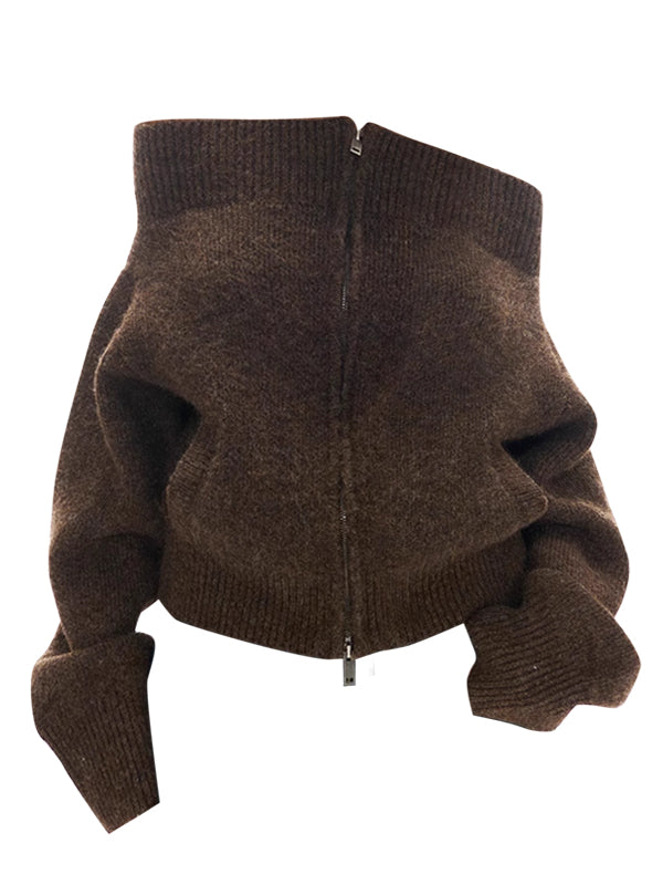 Qadınlar üçün retro-şık, çiyinləri açıq, fermuarlı kardiqan, payız və qış üçün mükəmməl, zərif və arıqladıcı.