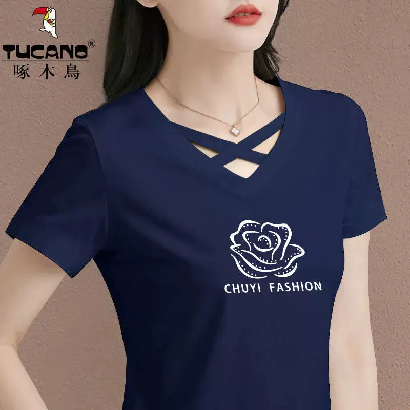 Clearance clearance Woodpecker marka böyük ölçülü qısaqol çaplı moda köynək qadınlar üçün yay V-yaxalı içi boş pambıq top