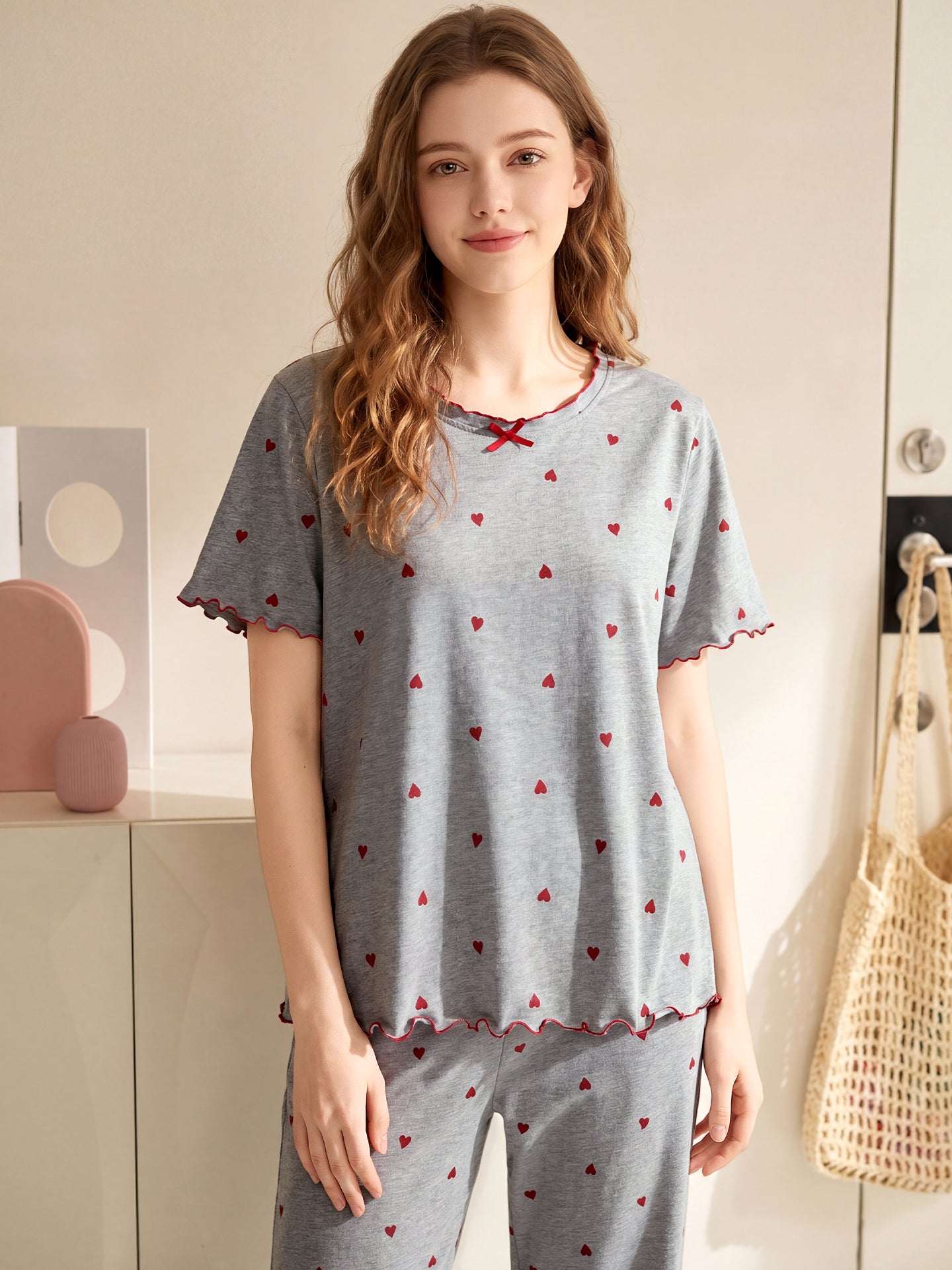 Fenton Qadın Saf Pambıq Qısaqol Pijama Yay Nazik Dəyirmi Yakalı Pambıq Nəfəs Alınan Ev Geyimi Gündəlik Boş Böyük Ölçülü Kostyum