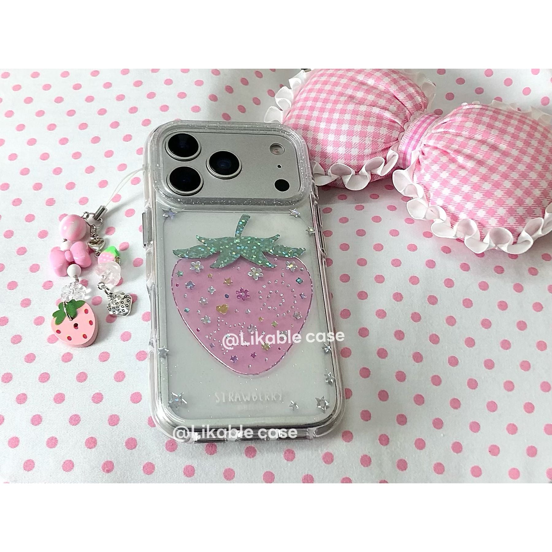 Sevimli çanta｜Dəyirmi kənar zərli çəhrayı kiçik çiyələk mobil telefon qutusu ikiqat imd iPhone17 alma 16promax sevimli 14/15 qız ürəyi