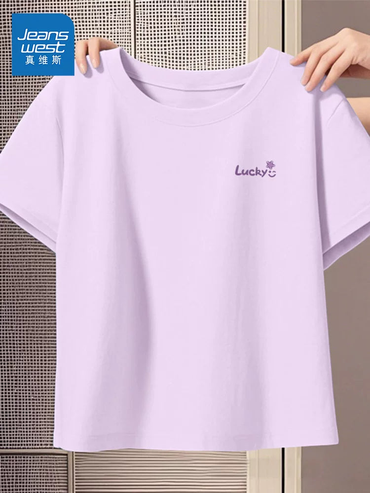 Jeanswest Bənövşəyi Sağ Çiyin Qısaqol Qadın T-shirt 2026 Yeni Yay Qadın Saf Pambıq Kiçik Qısa Top A