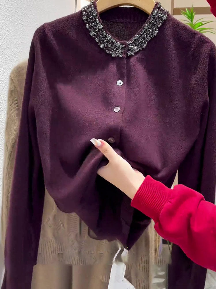 Purple color, round collar, long sleeve knitted women's shirt, new 2025 fall fashion, loose fit, slimming design, rhinestone design, large size, multifunctional shirt.