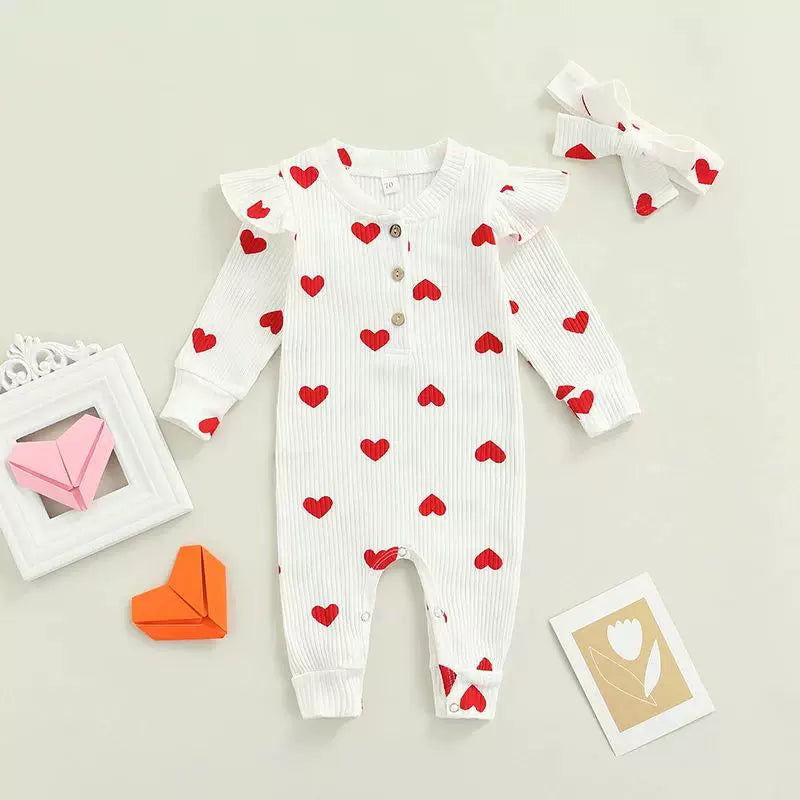 Newborn Girls Valentine's Day Romper Ruffle Ribbed Body