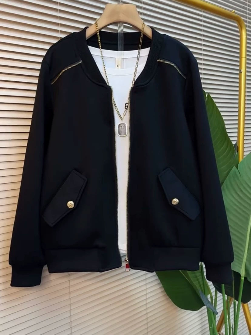 Plus Size Women's Clothing 2025 Autumn New Style Women's Jacket, Slimming for Curvy Girls and Plus Size Women, Black Daily Multifunctional Clothing