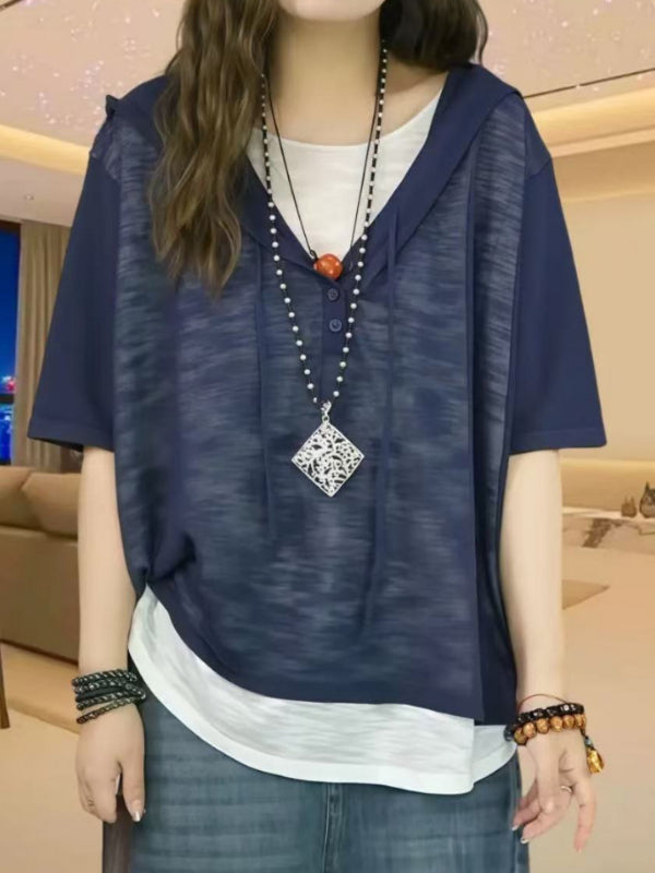 Qadınlar üçün Böyük Ölçülü Yay Süni İki Parçalı Dəbli Qısa Qollu Futbolka, Başlıqlı, Boş Formalı, Qarın nahiyəsini örtən və Arıqladıcı Top