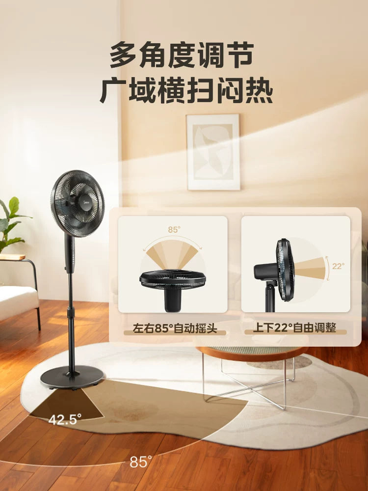 Midea ev elektrik ventilyatoru yeddi qanadlı silkələnən baş bas şaquli enerjiyə qənaət edən yüksək küləkli pultla idarə olunan yataqxana döşəmə fanatı