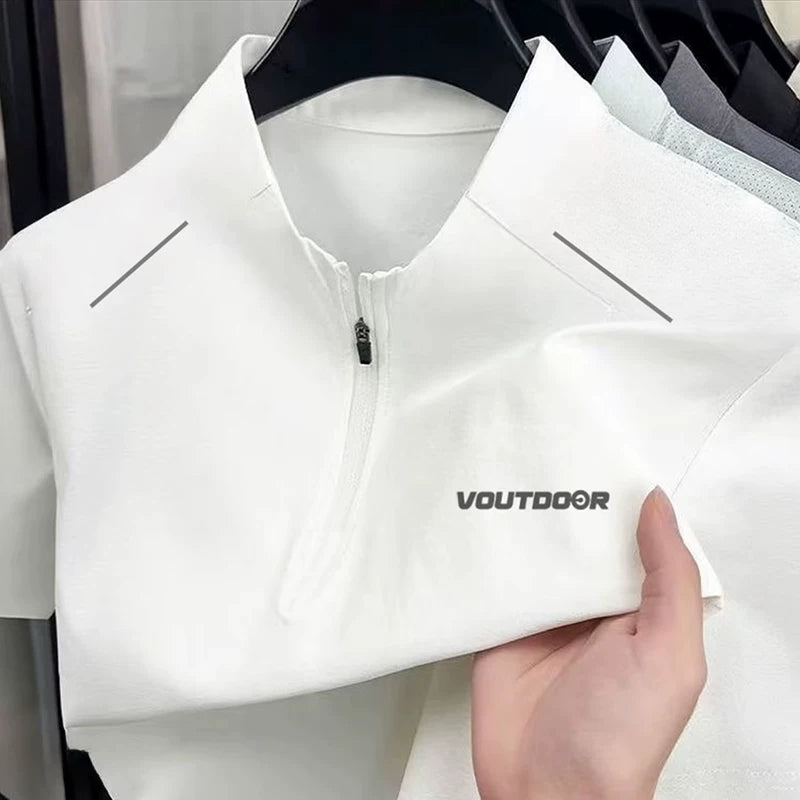 VDOUT yay yeni şəhər açıq idman kişiləri üçün yarım fermuarlı dik yaxa qısaqol köynək fitnes qaçış məşq paltarı - 2