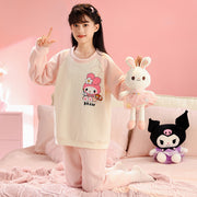 My Melody Qızları üçün Təmiz Pambıq Ev Geyimi, Payız və Qış, Böyük Uşaqlar üçün Üç Qatlı Yorğanlı Qalın İsti Pijamalar, Şirin Dəst