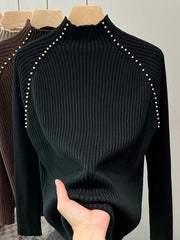 A must-have! This stylish, high-neck, long-sleeved knit shirt is a new, stylish design with a ribbed texture and is perfect for layering.