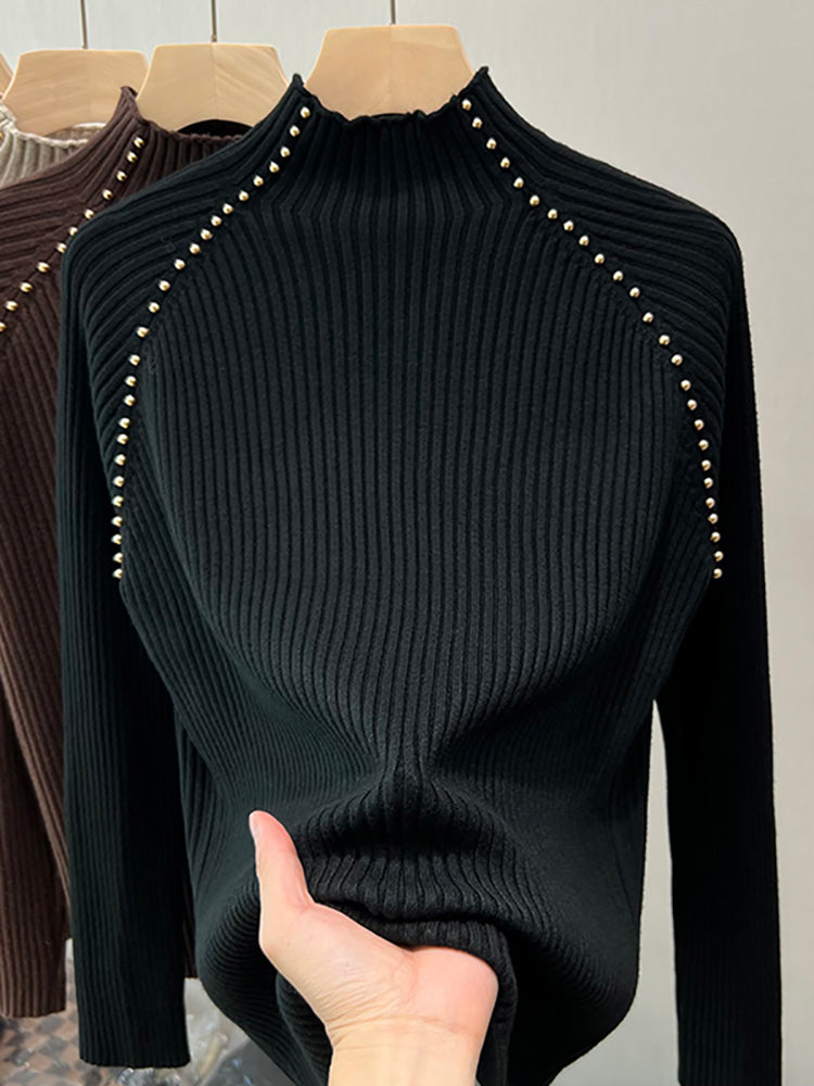 A must-have! This stylish, high-neck, long-sleeved knit shirt is a new, stylish design with a ribbed texture and is perfect for layering.