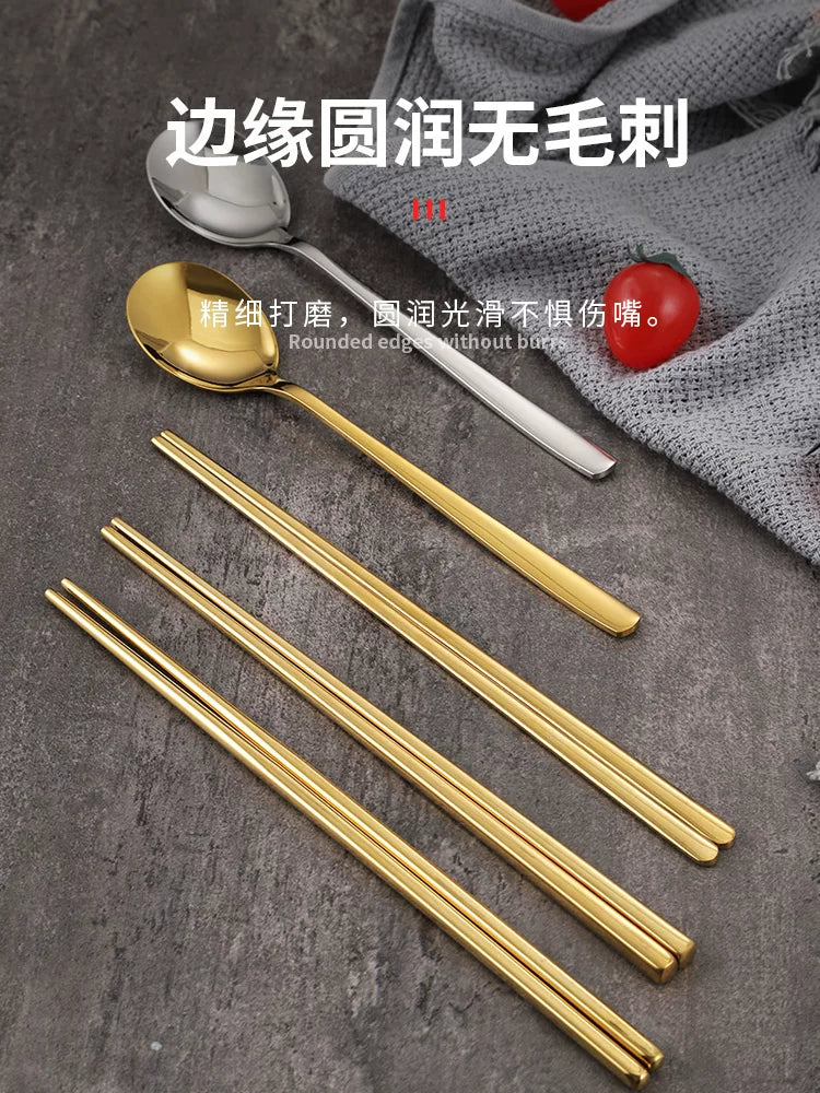 Koreya yemək çubuqları bərk düz yemək çubuqları 304 paslanmayan polad kvadrat sürüşməyən Yapon və Koreya barbekü restoranı süfrə dəsti yemək çubuqları qaşıq