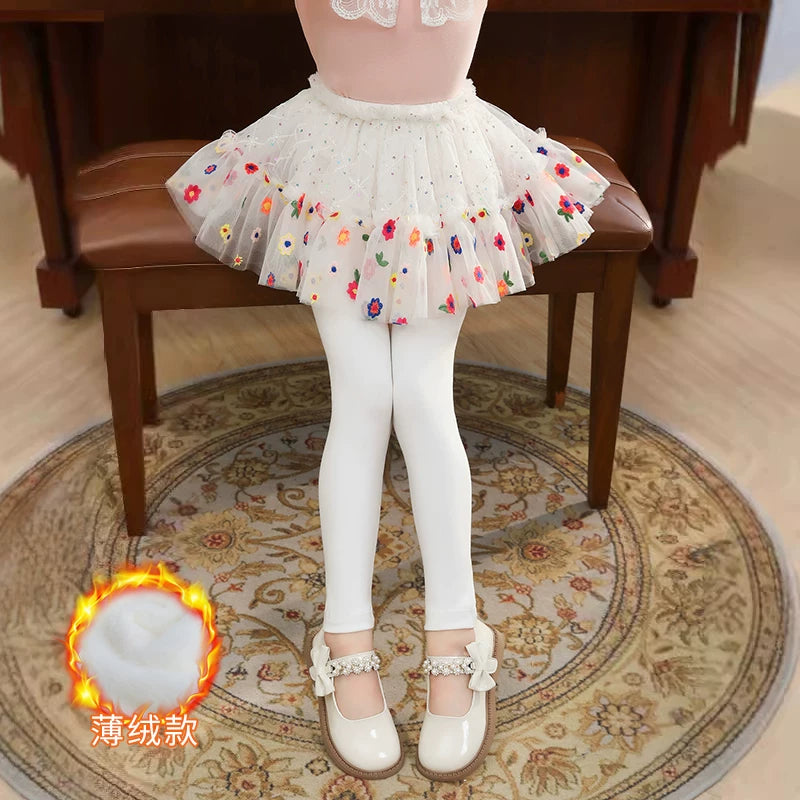 Qızlar üçün bir hissəli ətək şalvarları, 2025-ci ilin yaz və payız mövsümü üçün yeni model uşaq qış geyimləri, flis astarlı, süni iki hissəli leqinslər, ağ, çöldə geyinmək üçün.