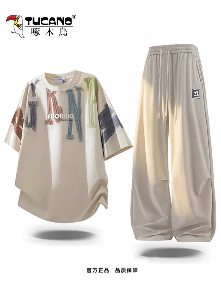 Ağacdələn Yay Təsadüfi İdman Kostyumu Kişi Moda Dəyirmi Yaxa Qısaqol T-Shirt Boş Kişi Geyimi Şalvar