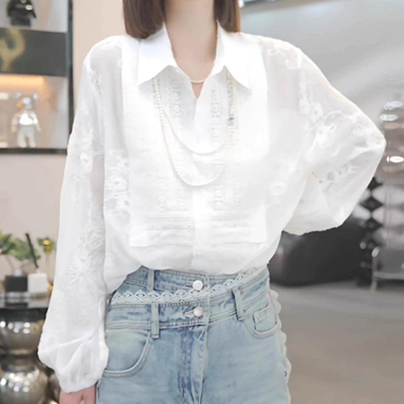 Ağ köynək topu, böyük ölçülü qadın geyimləri, 2026 yaz yeni stili, dəbli və gənclik üçün bluzka, yüksək səviyyəli köynək.