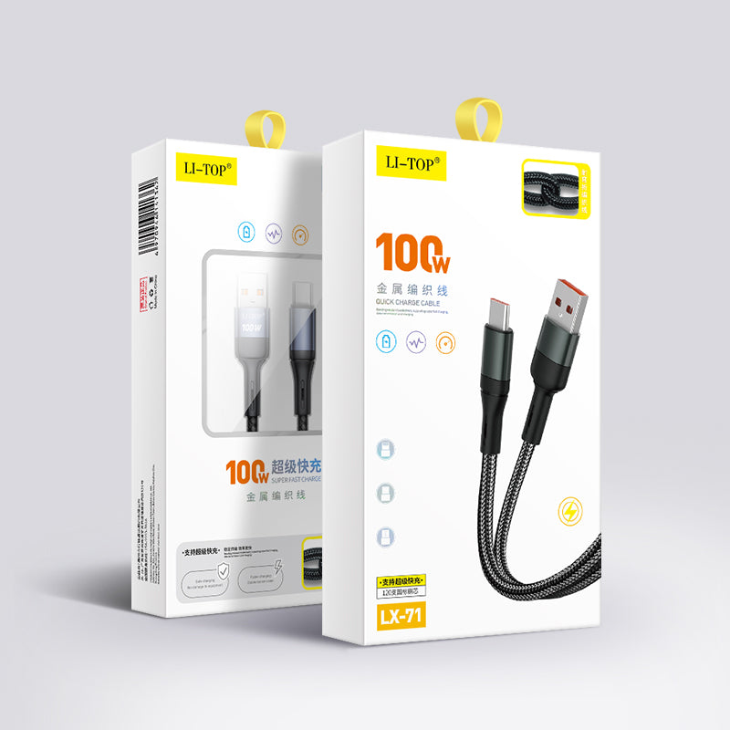 6A örgülü LX71 əyilmə əleyhinə 100W flaş doldurma kabeli Type-C cib telefonunun şarj kabeli məlumat kabeli super sürətli şarj üçün uyğundur
