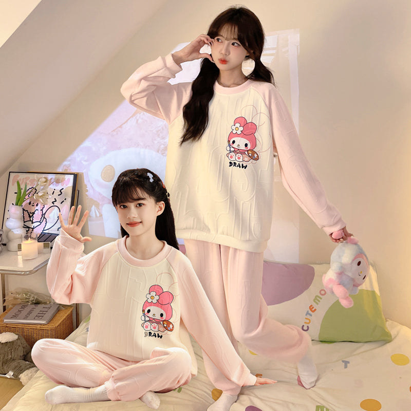 My Melody Qızları üçün Təmiz Pambıq Ev Geyimi, Payız və Qış, Böyük Uşaqlar üçün Üç Qatlı Yorğanlı Qalın İsti Pijamalar, Şirin Dəst