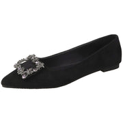 Qadınlar üçün 2025 Yeni Stil Zamşa Düz Rhinestone Tokalı Tək Ayaqqabı, Dayaz Ağız, Uclu Barmaq, Yumşaq Altlıq, Çoxfunksiyalı Qara Peşəkar İş Ayaqqabıları