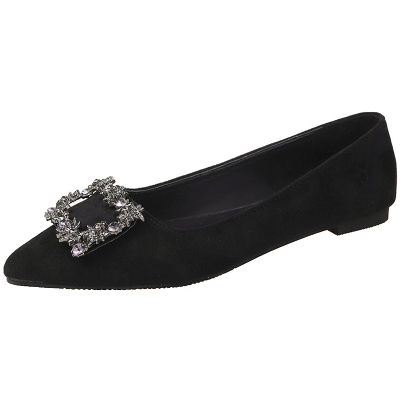 Qadınlar üçün 2025 Yeni Stil Zamşa Düz Rhinestone Tokalı Tək Ayaqqabı, Dayaz Ağız, Uclu Barmaq, Yumşaq Altlıq, Çoxfunksiyalı Qara Peşəkar İş Ayaqqabıları