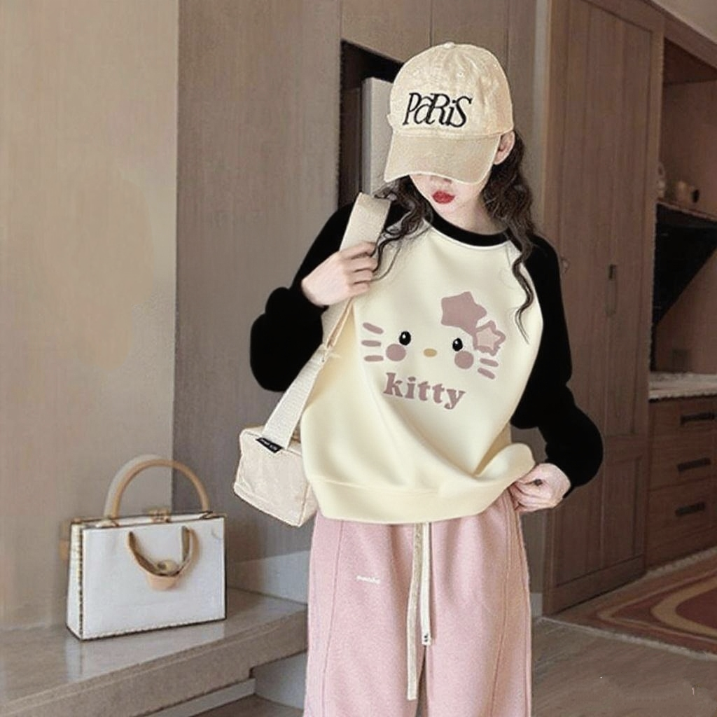 Qızlar üçün uzunqol sviter, yaz, payız və qış, orta və böyük yaşlı uşaqlar və tələbələr üçün şık, geniş uşaq formalı Hello Kitty alt qatlı üst geyim.