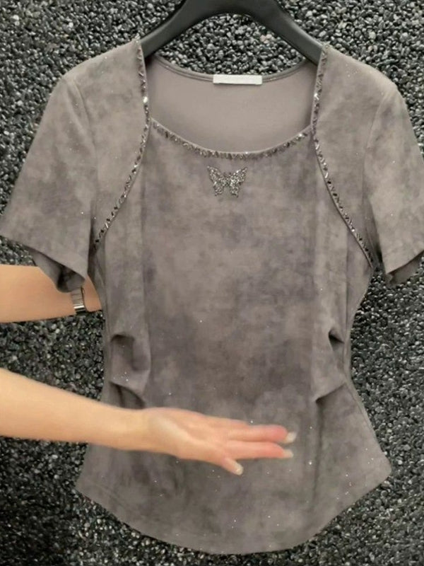 Qadınlar üçün Amerika retro tay-boya qısaqol futbolka, böyük ölçü, 2026-cı ilin yayı, bədən quruluşuna uyğun, qarın nahiyəsini gizlədən, qeyri-bərabər top.