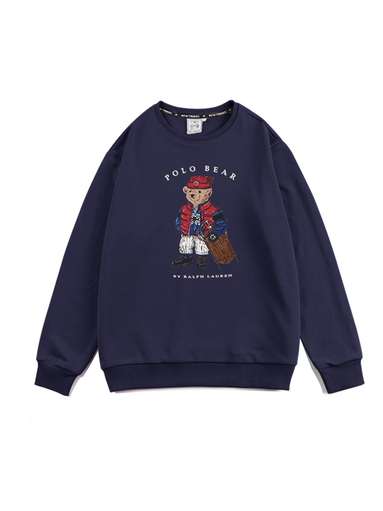 Zhou Yutong-un Amerika retro tünd göy rəngli sviter, qadın 2025-ci il yeni payız və qış stilində, flis astarlı və kiçik ayı naxışı ilə qalınlaşdırılmış.