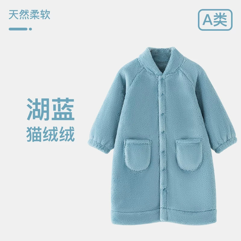 Körpə qış isti xalat, körpə pijamaları, oğlan və qızlar üçün yun astarlı, qalınlaşdırılmış uşaq mərcan yun ev xalat pijamaları