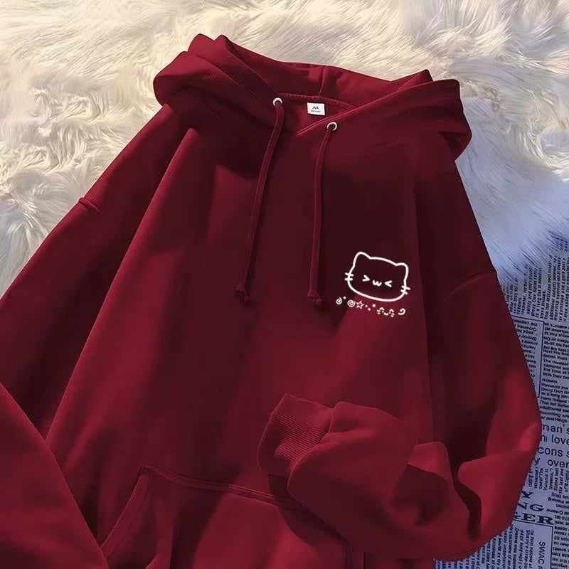 Oğlan və qız uşaqları üçün yeni stildə küçə cizgi filmi pişik naxışlı kapşonlu sviter, geniş formalı, orta və böyük uşaqlar üçün payız və qış aylarında çoxfunksiyalı top və palto.