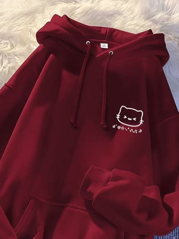 Oğlan və qız uşaqları üçün yeni stildə küçə cizgi filmi pişik naxışlı kapşonlu sviter, geniş formalı, orta və böyük uşaqlar üçün payız və qış aylarında çoxfunksiyalı top və palto.