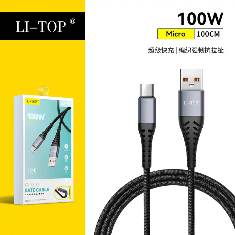 6A örgülü LX71 əyilmə əleyhinə 100W flaş doldurma kabeli Type-C cib telefonunun şarj kabeli məlumat kabeli super sürətli şarj üçün uyğundur