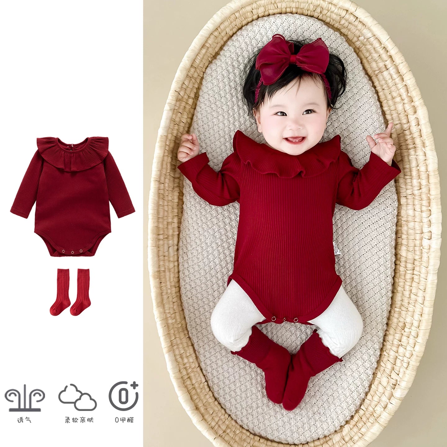 Qızlar üçün Fransız Uamtor Payız Körpə Onesi, Tam Ay/100 Günlük Şahzadə Romperi, Qırmızı Bəzəkli Kostyum