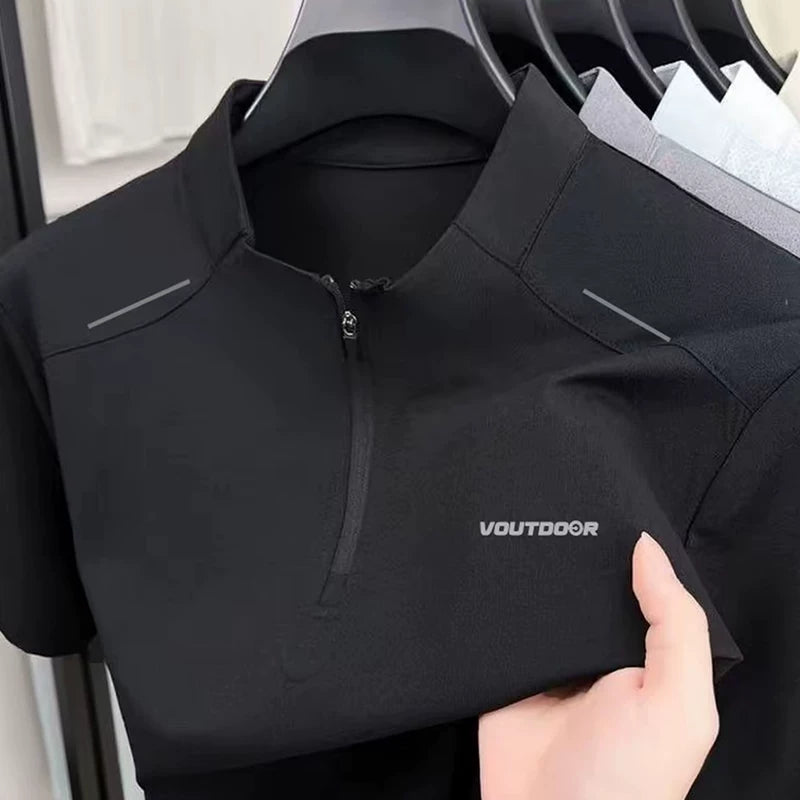 VDOUT yay yeni şəhər açıq idman kişiləri üçün yarım fermuarlı dik yaxa qısaqol köynək fitnes qaçış məşq paltarı - 2