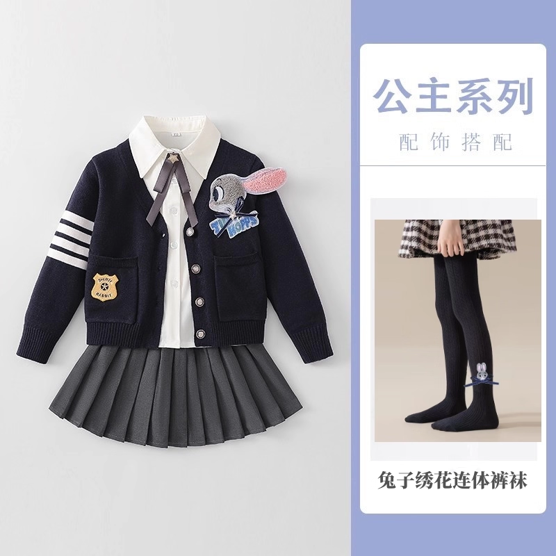 Yeni payız üslubunda qızlar üçün dovşan polis məmuru sviteri üç hissəli dəst, JK ətəyi, dəbli payız və qış uşaq ad günü geyimləri