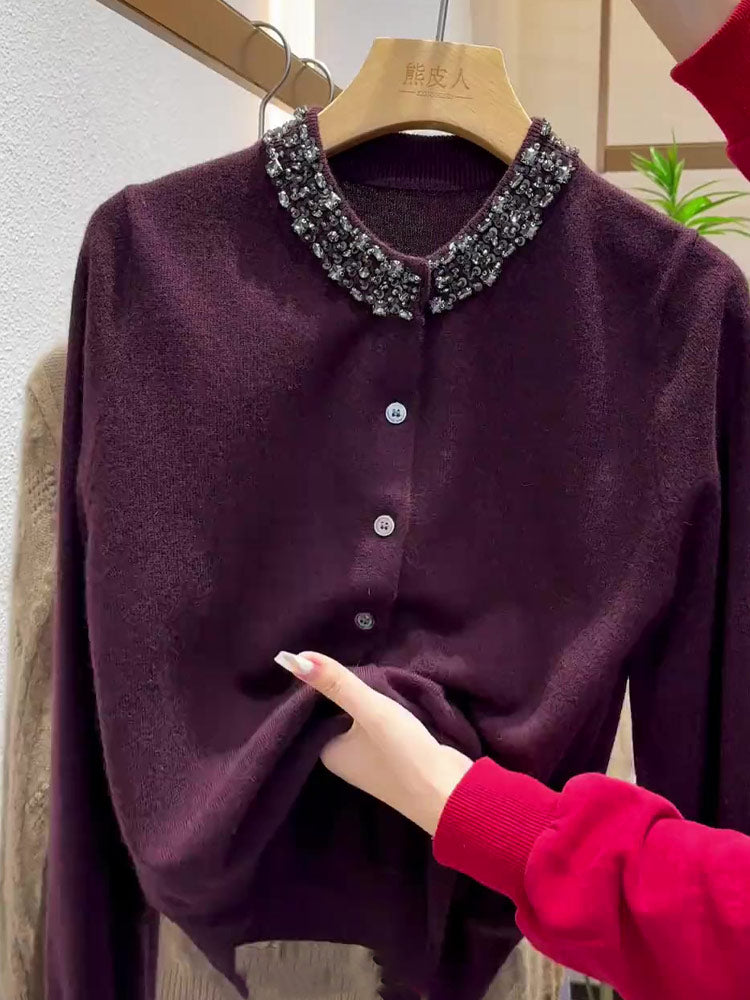 Purple color, round collar, long sleeve knitted women's shirt, new 2025 fall fashion, loose fit, slimming design, rhinestone design, large size, multifunctional shirt.