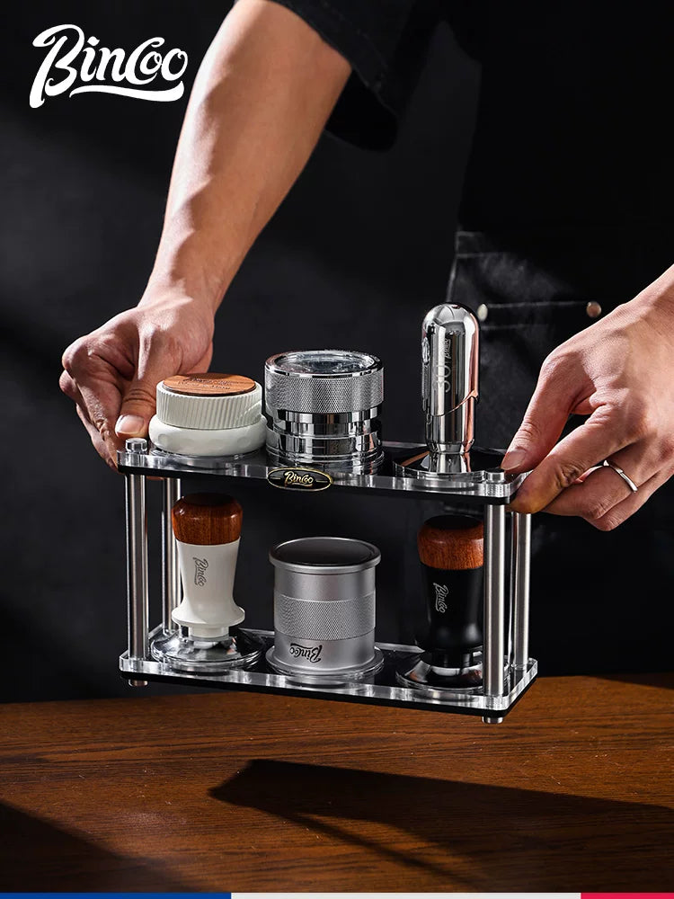 Bincoo akril iki qatlı qəhvə qabı saxlama rafı 51/58 mm universal preslənmiş toz dispenser saxlama bazası