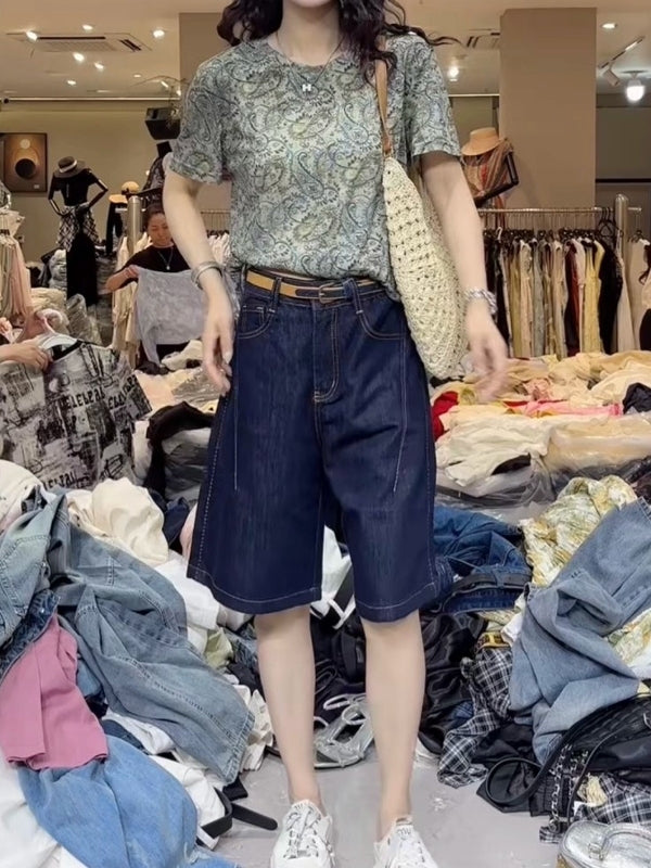 Armud formalı qadın denim şortları, böyük ölçülü, yüksək belli, arıqladıcı, çoxfunksiyalı, geniş oturacaqlı, dolğun qızlar üçün geniş ayaqlı A-xətti beşguşəli şalvar, yay üçün idealdır.