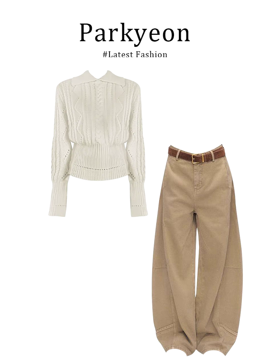 Parkyeon Korean style high-quality collar hollow long-sleeved knitted shirt and cargo straight-leg casual pants two-piece set