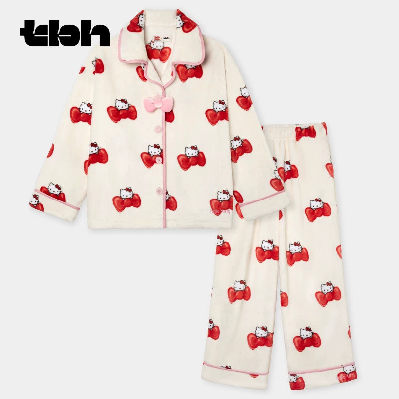 tbh Brutalist Home Hello Kitty Flanel Ev Geyimləri Dəsti Qadınlar üçün Qış Geyinilə bilən Pijama