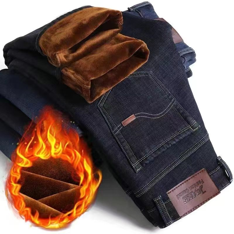 Kişilər üçün Payız/Qış Qalın Dartılan Yun Astarlı Denim Cins Şalvar, Düz Ayaqlı, Boş Formalı, Gündəlik, Böyük Ölçülü, Yüksək Bel, İsti və Quru Şalvar