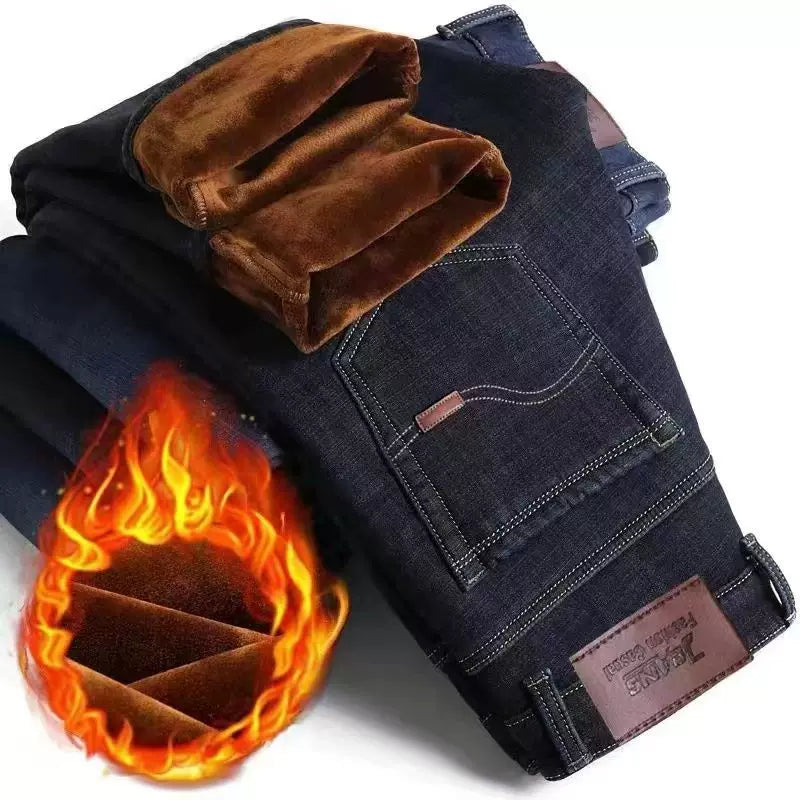 Kişilər üçün Payız/Qış Qalın Dartılan Yun Astarlı Denim Cins Şalvar, Düz Ayaqlı, Boş Formalı, Gündəlik, Böyük Ölçülü, Yüksək Bel, İsti və Quru Şalvar