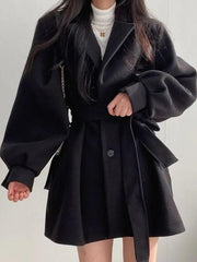 Qadın qış yun paltosu, kiçik, orta uzunluqlu, kostyum yaxası, qalınlaşdırılmış, kəmərli, arıqladıcı, fənər qollu, pambıqla örtülmüş trençkot