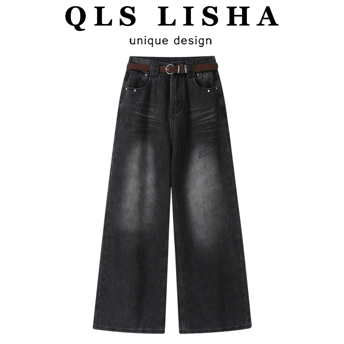 Chorissa Qara və Boz Rəngli Geniş Ayaqlı Cins Şalvar, Qadınlar üçün Payız Amerika Retro Yüksək Belli Boş Axınlı Düz Ayaqlı Şalvar