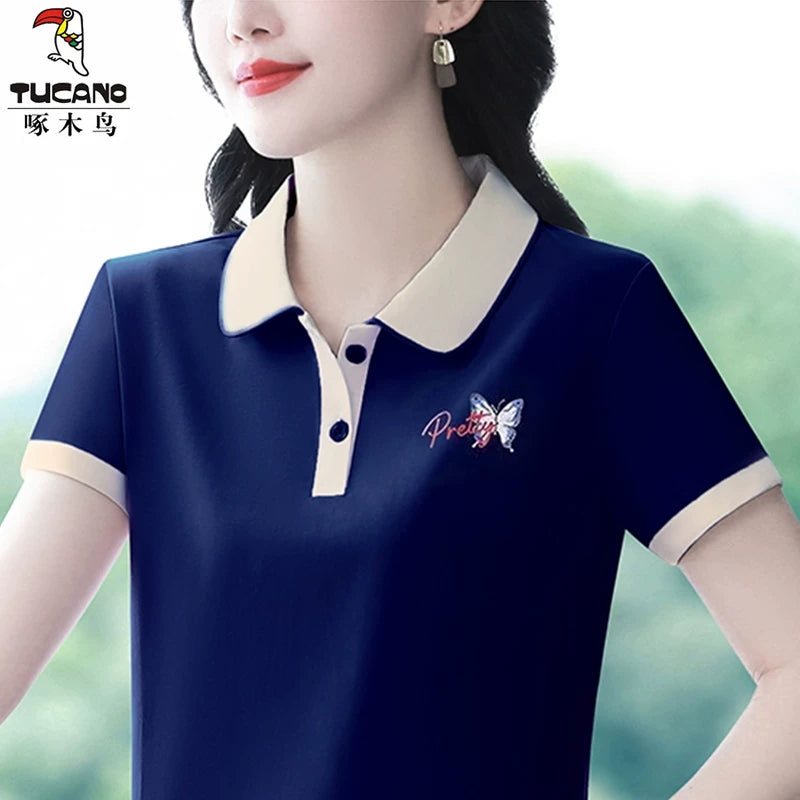 Clearance Pickup Woodpecker Orijinal Satılır Pambıq POLO Köynək Qısaqol Yay Çox Yönlü Moda İncə Rahat T-Shirt Qadınlar üçün