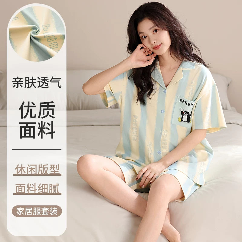Catman pijama qadın xalis pambıq yay qısaqol şort üç hissəli döş yastığı ilə dəst çöldə yaz və payızda geyinmək olar nazik ev paltarı dəsti