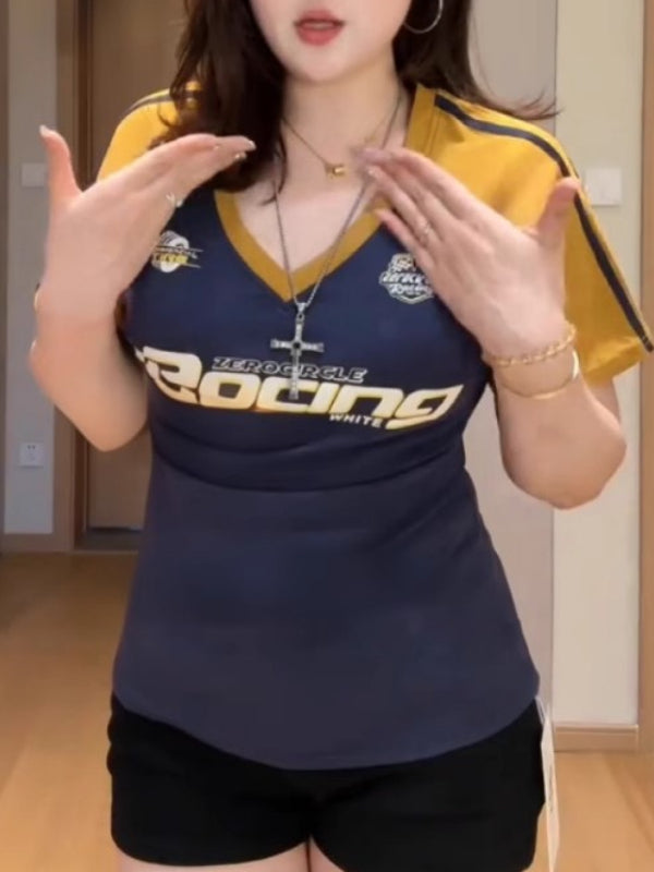 Böyük Ölçülü Qadınlar üçün V-Yakalı Amerika Retro İsti Qız Qısa Qollu T-Shirt Yay Fat MM Arıqladıcı Rəngli Blok Top