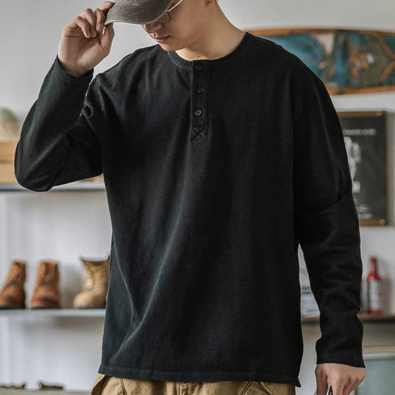 Indigo American Retro Yuyulmuş Batik Henley Köynək T-shirt Çətin Möhkəm Boş Açıq Yaxalıqlı Uzun Qollu Köynək Kişi Yaz