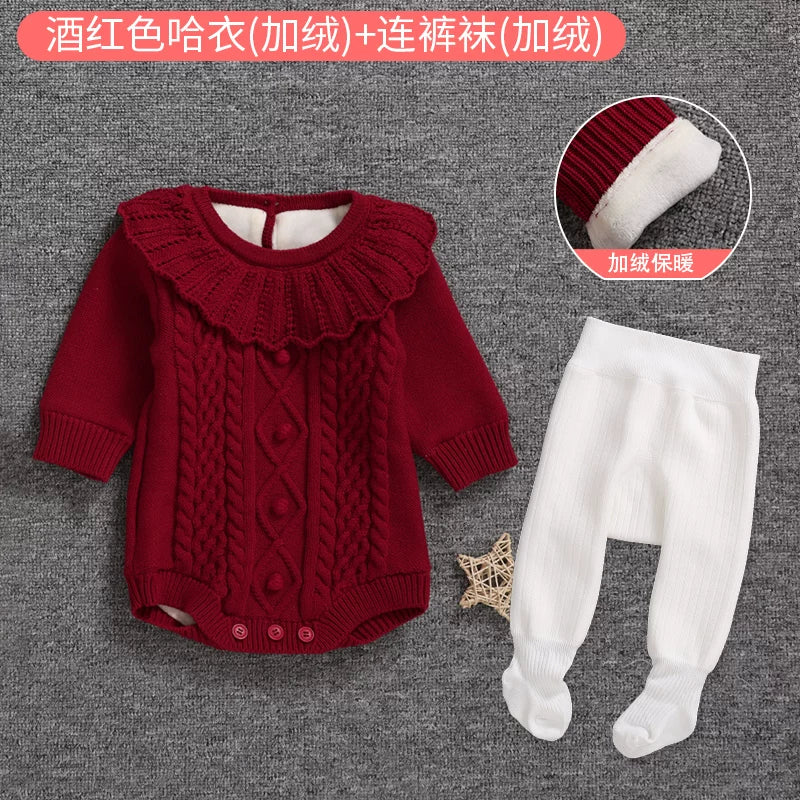 Qız uşağı üçün qış sviteri, yun astarlı, yeni doğulmuş/tam aylıq körpə geyimləri, şahzadə stilində şık romper, ilk ad günü dəsti, qırmızı.